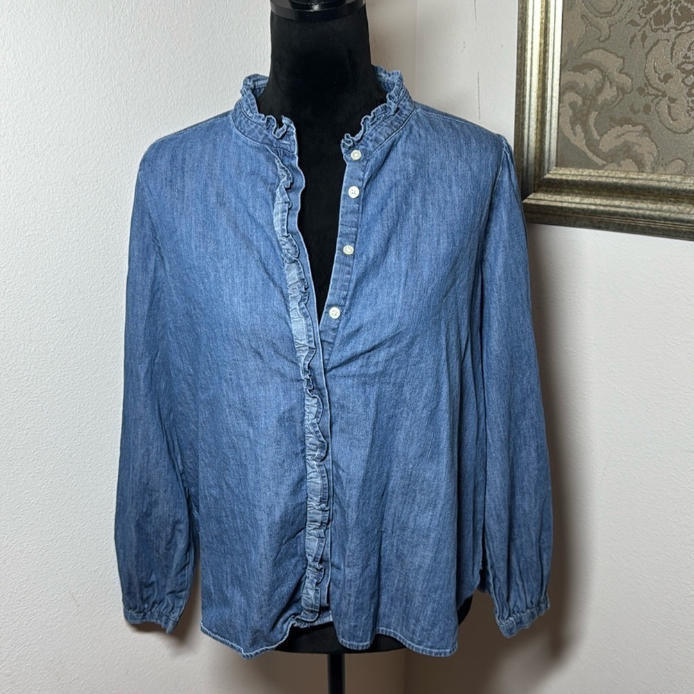 LOFT Chambray Ruffle women’s shirt long sleeves buttoned down top blouse Sz LP